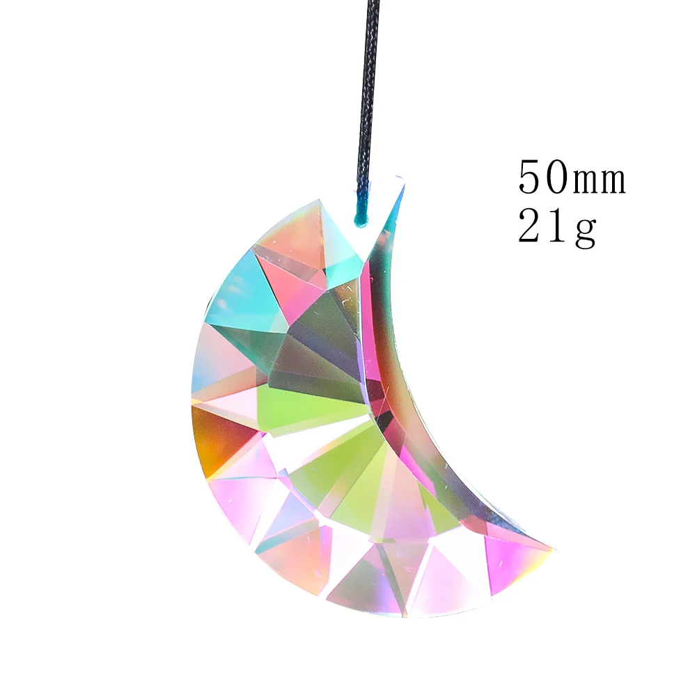 50MM Polished AB Color Laser Faceted Prism Moon Crescent Glass Crystal Pendant Rainbow Sun Catcher Chandelier Dangle Lamp Parts