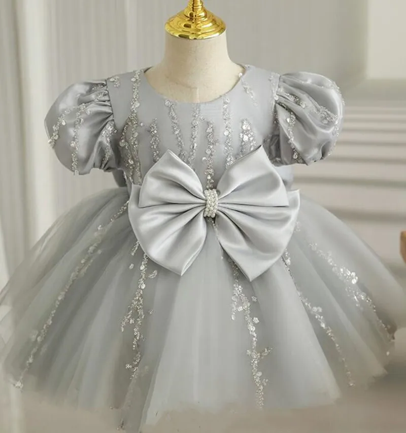 

Applique Beads Gray Flower Girl Dress Sliver Sequin Toddler Dress Baptism Dress Gray Satin Toddler Birthday Dress Puff Sleeves