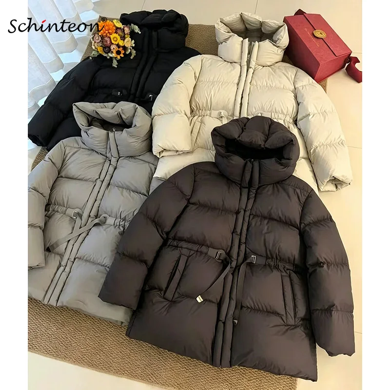 Schinteon Women White Down Jacket with Hood Solid Color Thick Warm Autumn Winter Outwear Parka Drawstring Coat 2026 New Fashion