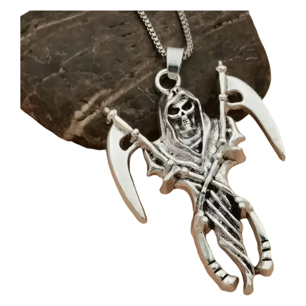 

10Pcs Men Gothic Alloy Death Grim Reaper Skull with Scythe Pendant Necklace