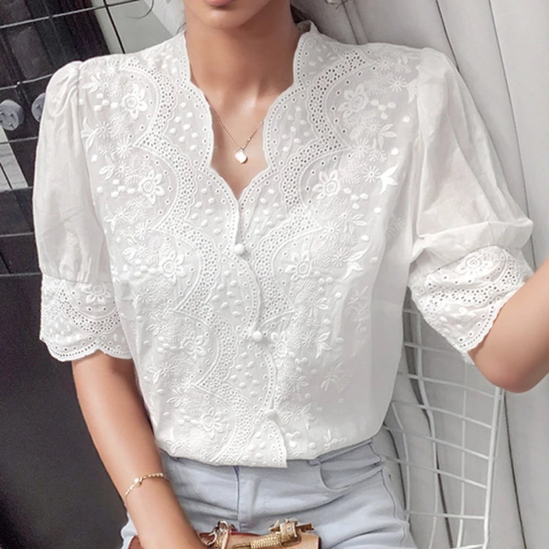 

Fashion Woman Short Sleeve Lace Blouse Summer Embroidery Thin Hollow Out Stylish White Shirts Elegant Vintage Casual Tops Blusas