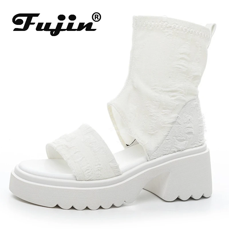 

Koznoy 6cm Ankle Boots Denim Cloth Leather Peep Toe Summer Ankle Booties Fashion Ladies Platform Wedge Flats Sandals Women Shoes