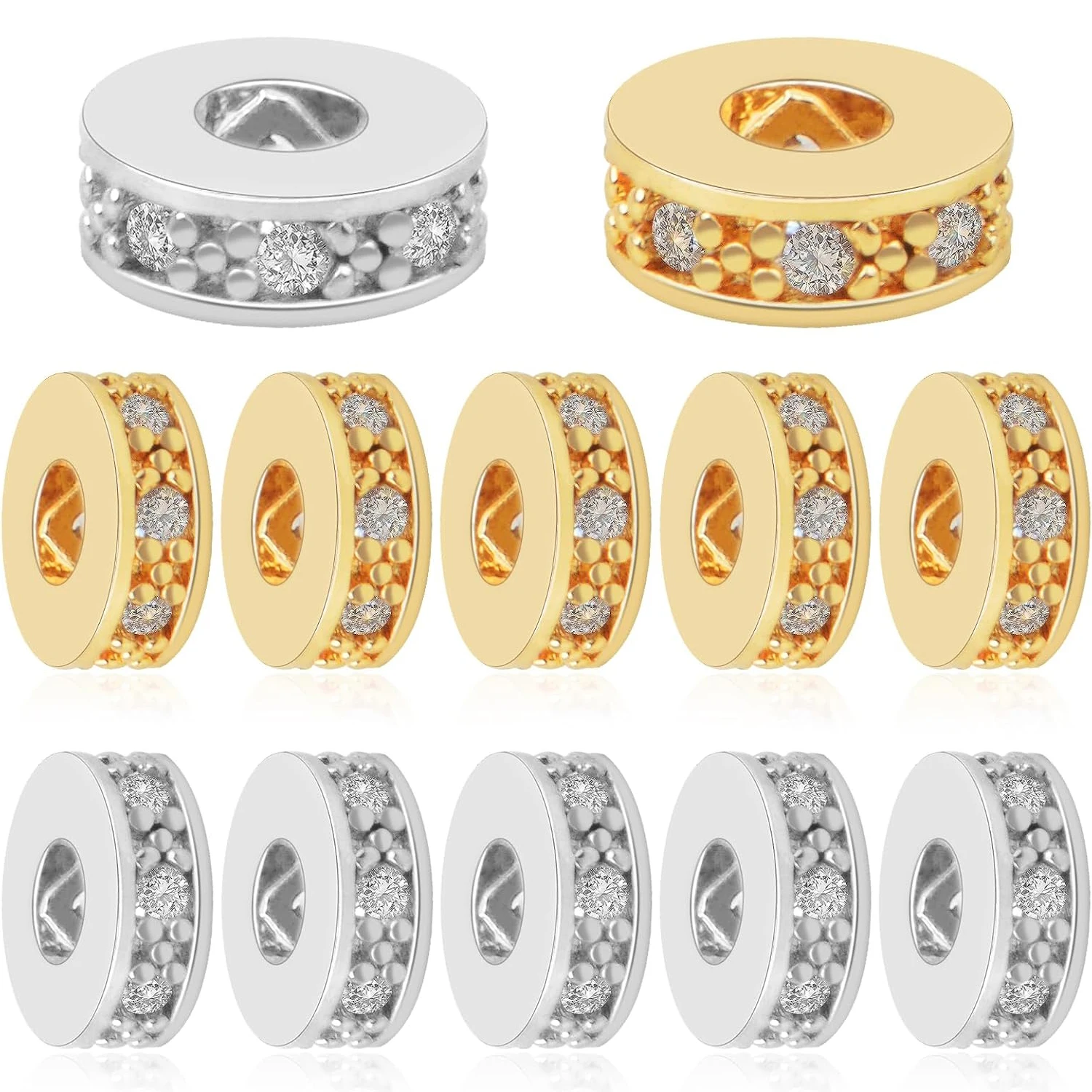 

12 шт. латунных бусин-разделителей с кубическим цирконием, плоские круглые бусины-шармы с микро-паве из циркония, бусины-рондели с стразами для рукоделия
