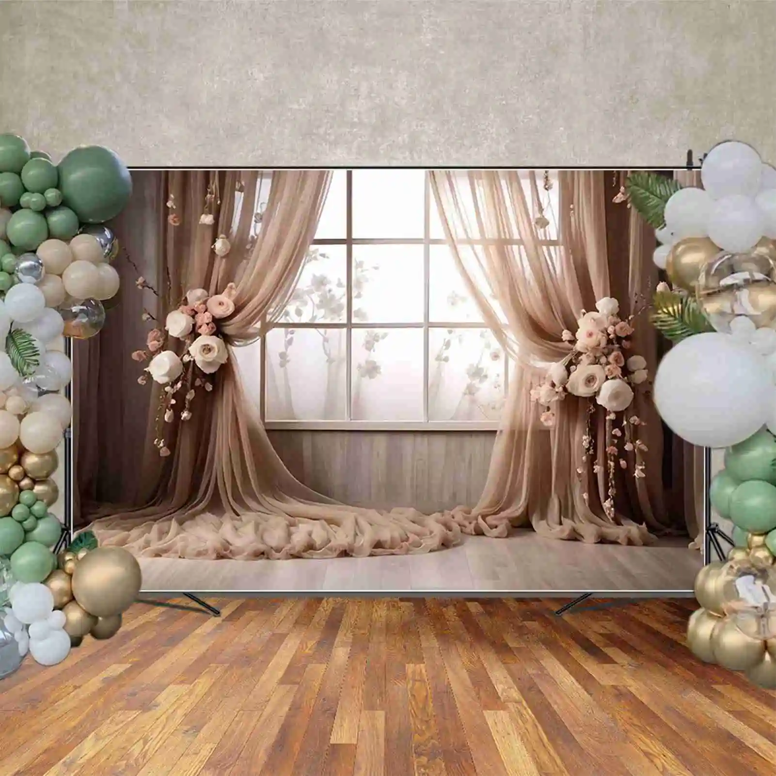 Фотофоны MOON.QG с изображением занавески окна на день рождения, женские драпированные тканевые фотообои с изображением деревянных цветов, Фотографические принадлежности на заказ