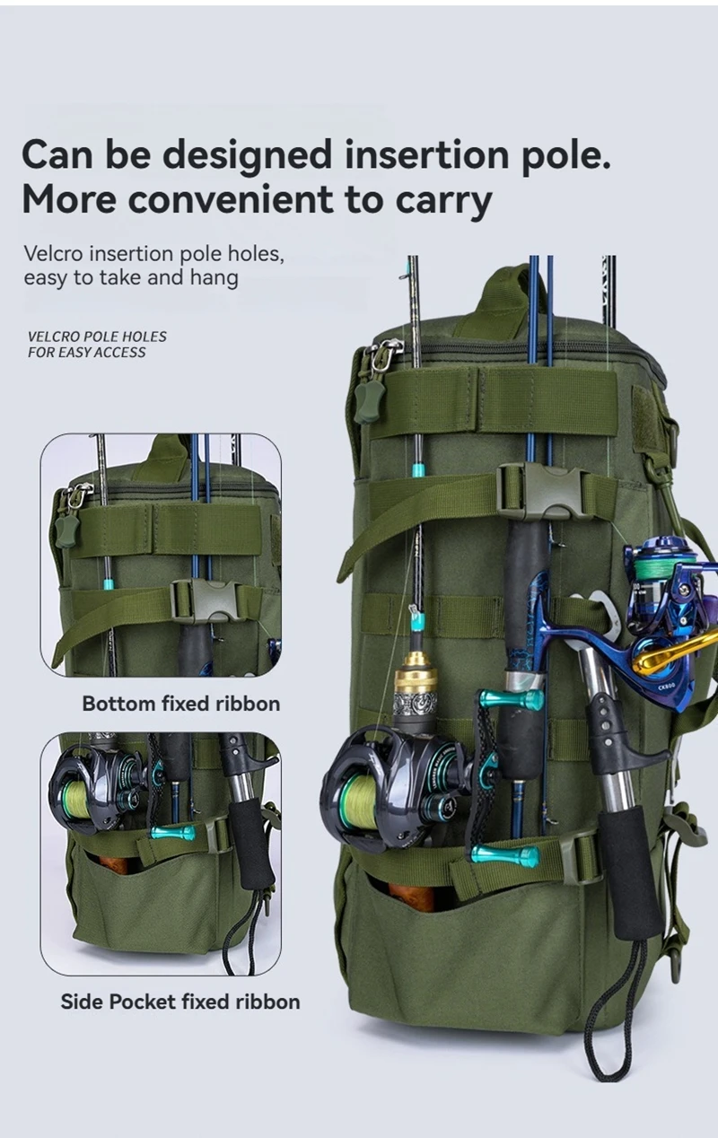 

Тактический рюкзак для рыбалки, сумка для снастей с держателями для удочек, хранение рыболовного снаряжения, многофункциональная сумка для кемпинга и пешего туризма на открытом воздухе