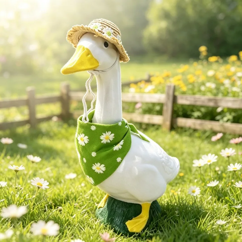 Rural Style Pig and Goose Costume Set with Straw Hat and Floral Scarf for Outdoor Courtyard Decoration Excluding Goose Statue