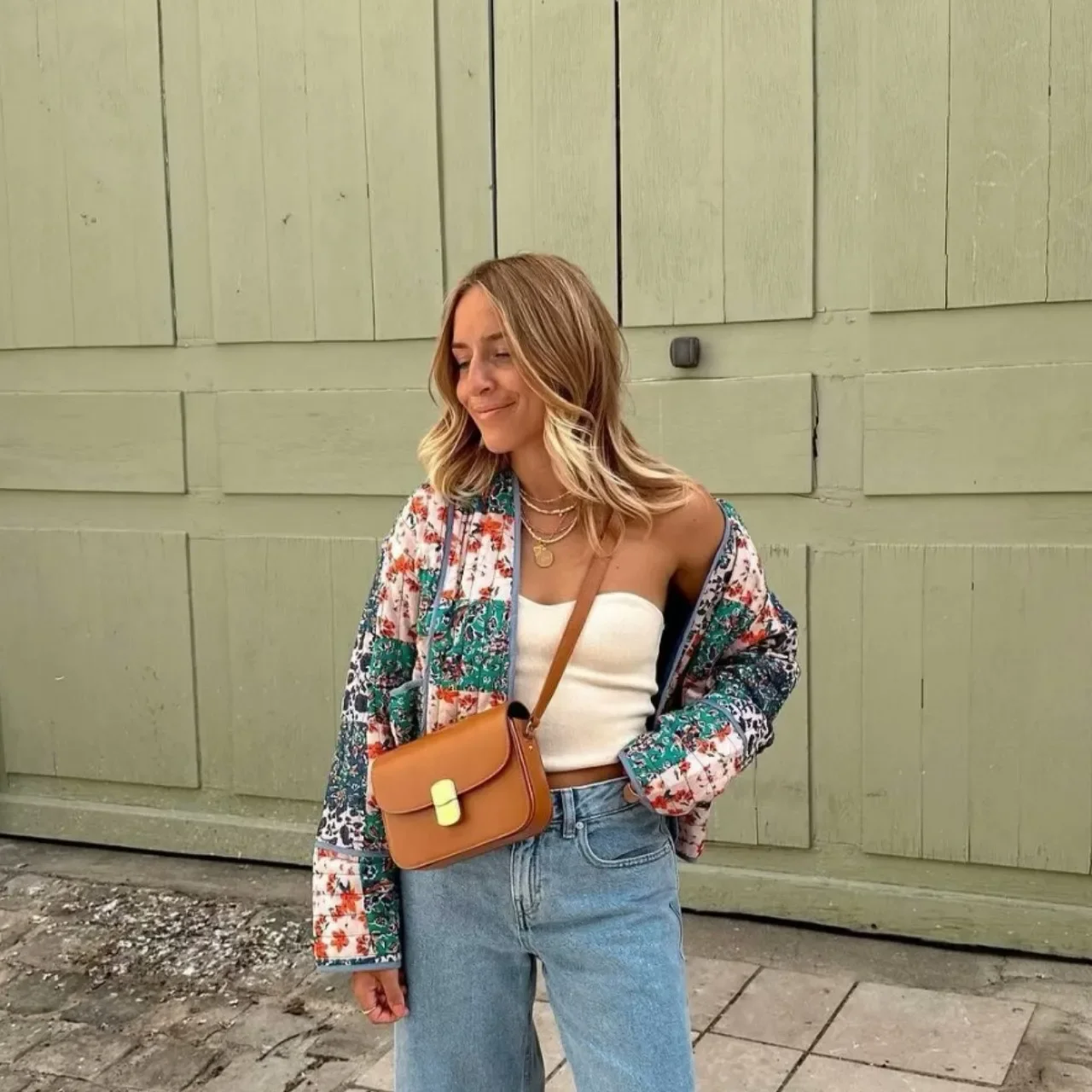 Women Autumn Quilted Jacket Short Floral Print Jacket Coat with Pocket Casual Office Lady Parkas