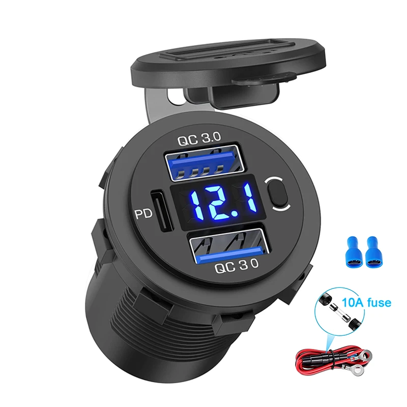 

Three Port 12V/24V USB Charger Socket Dual 18W QC 3.0 & 20W PD USB-C For Car Motorcycle With Voltmeter Power Switch