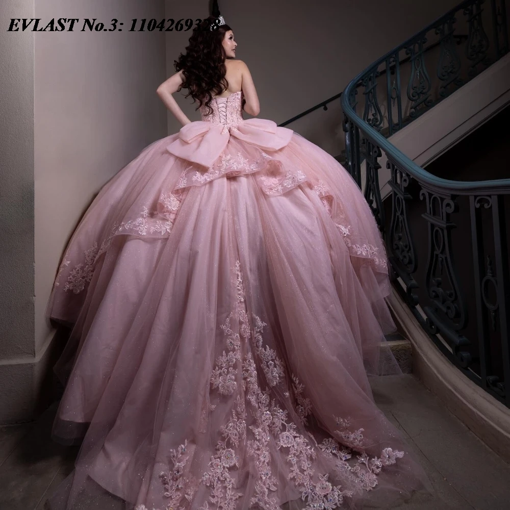 EVLAST-Robe de Bal Rose en Dentelle pour Femme, Tenue Personnalisée avec des Appliques de Perles et un Nministériels d à Plusieurs Niveaux, E3Q188