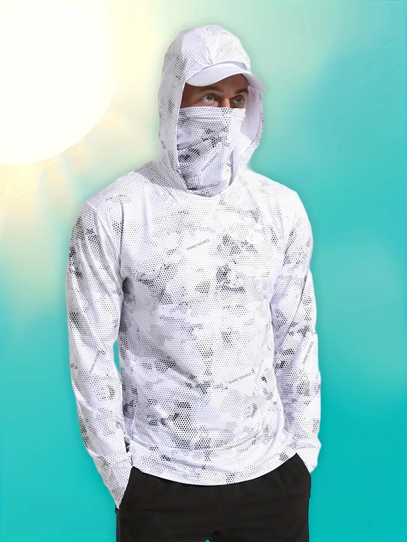 UPF50+ Camo Men Fishing Hooded Shirt, Quick‑Dry Sun‑Proof Long Sleeve Top with Face Mask