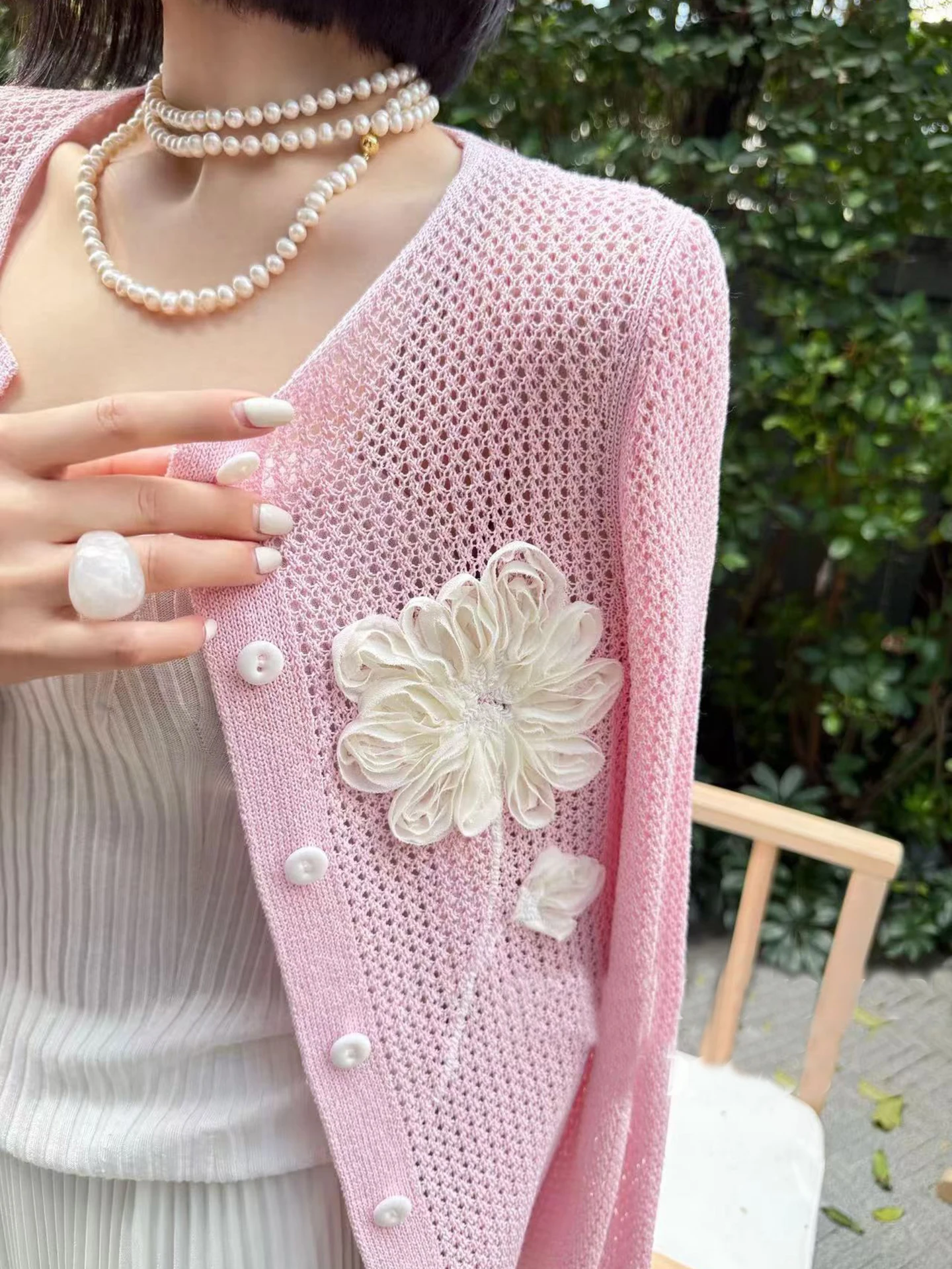 

Новый женский летний тонкий вязаный кардиган Ele с вырезами, розовый, с 3D цветами, для защиты от солнца и кондиционирования воздуха