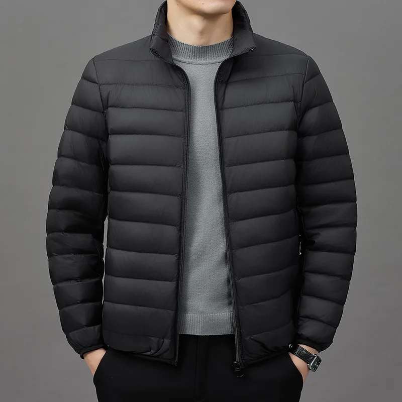 

Mens Winter Thin Fleece-Lined Cotton Jacket Men Stand Collar Warm Top Autumn Winter White Duck Down Lightweight Puffer Jacket