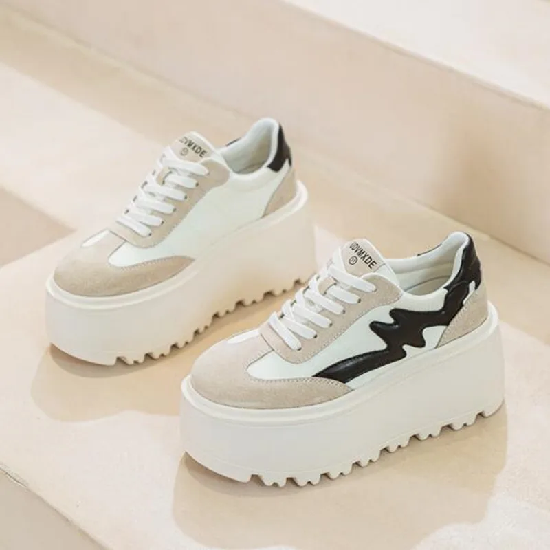 عالية الجودة 8 سنتيمتر النساء أحذية رياضية مكتنزة موضة جديدة الخريف الربيع أحذية القماش جلد الخنزير منصة عادية إسفين مضخات جلد طبيعي
