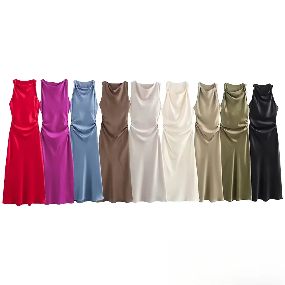 KONDALA Women Elegant Long Dress Satin Midi Dress Backless Long Dress Fashion 2025 Spring Autumn Chic Party Evening Date Dress