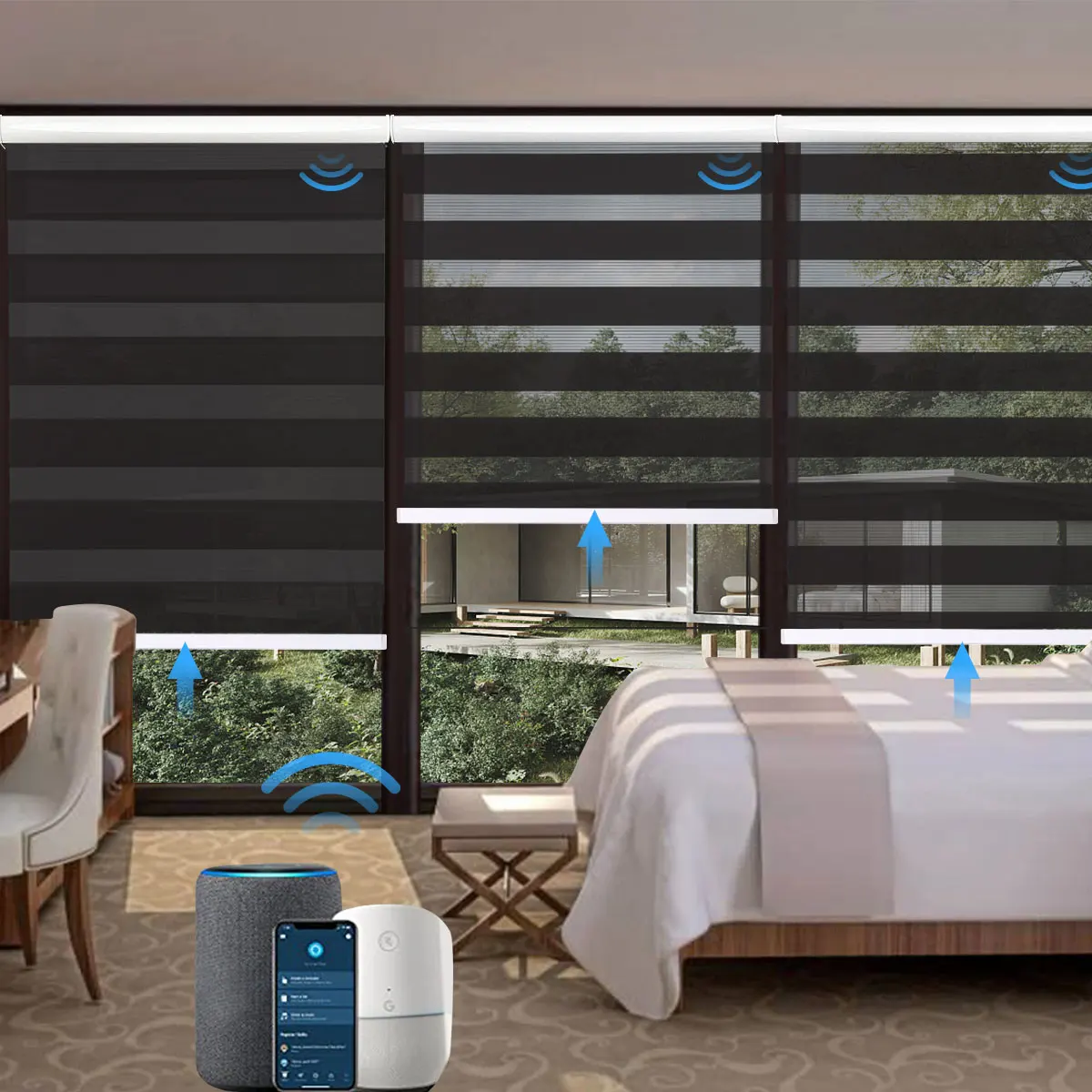 Smart Motorized Zebra Shade Work with Alexa Custom Size Light Filtering Roller Blinds Day and Night Curtains  For Bedroom