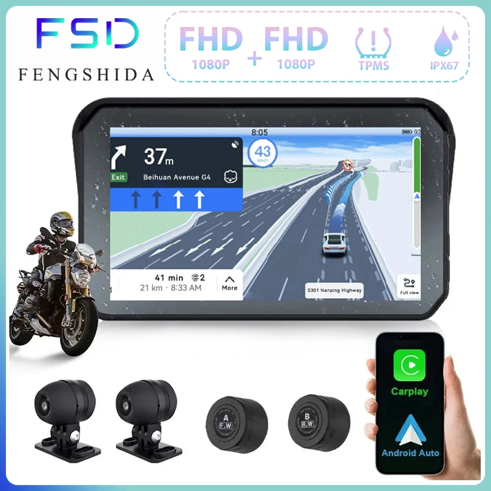 

5 inch Motorcycle Carplay Waterproof 1080P WiFi Wireless Android-Auto DVR Monitor Dash Cam GPS Navigation TPMS