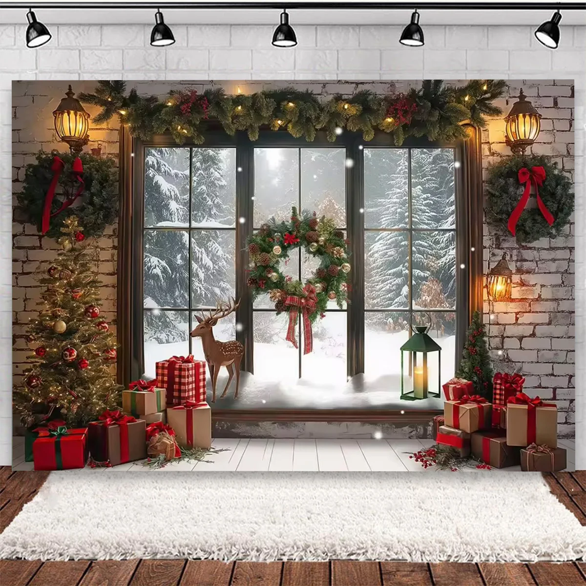 Fondo de fotografía con ventana de árbol de Navidad, muñeco de nieve, corona de flores rojas, puertas, decoración de fiesta de Nochebuena familiar,