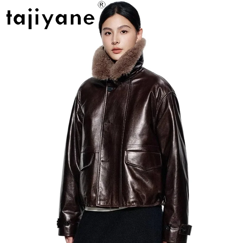 

TAJIYANE верхний слой из овчины, пальто на гусином пуху, женское пальто с кашемировым воротником, короткая куртка из натуральной кожи, зимняя одежда 2020, дубленка