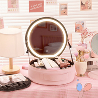 Circular Cosmetic Storage Box Vanity Mirror With Light Portable Large Capacity Cosmetic Bag Ladies Wash Bag