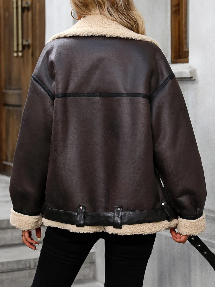 Ailegogo Autumn Winter Women Retro Loose Thick Warm Faux Lamb Fur Coat Streetwear Female Zipper Belt Spliced Jacket Outwear