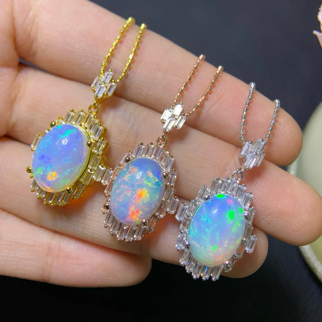 Natural Premium Opal Pendant Necklace - Hand-Selected 10x14mm Stone with Vivid Color & Full Fire Play, Includes Silver Chain