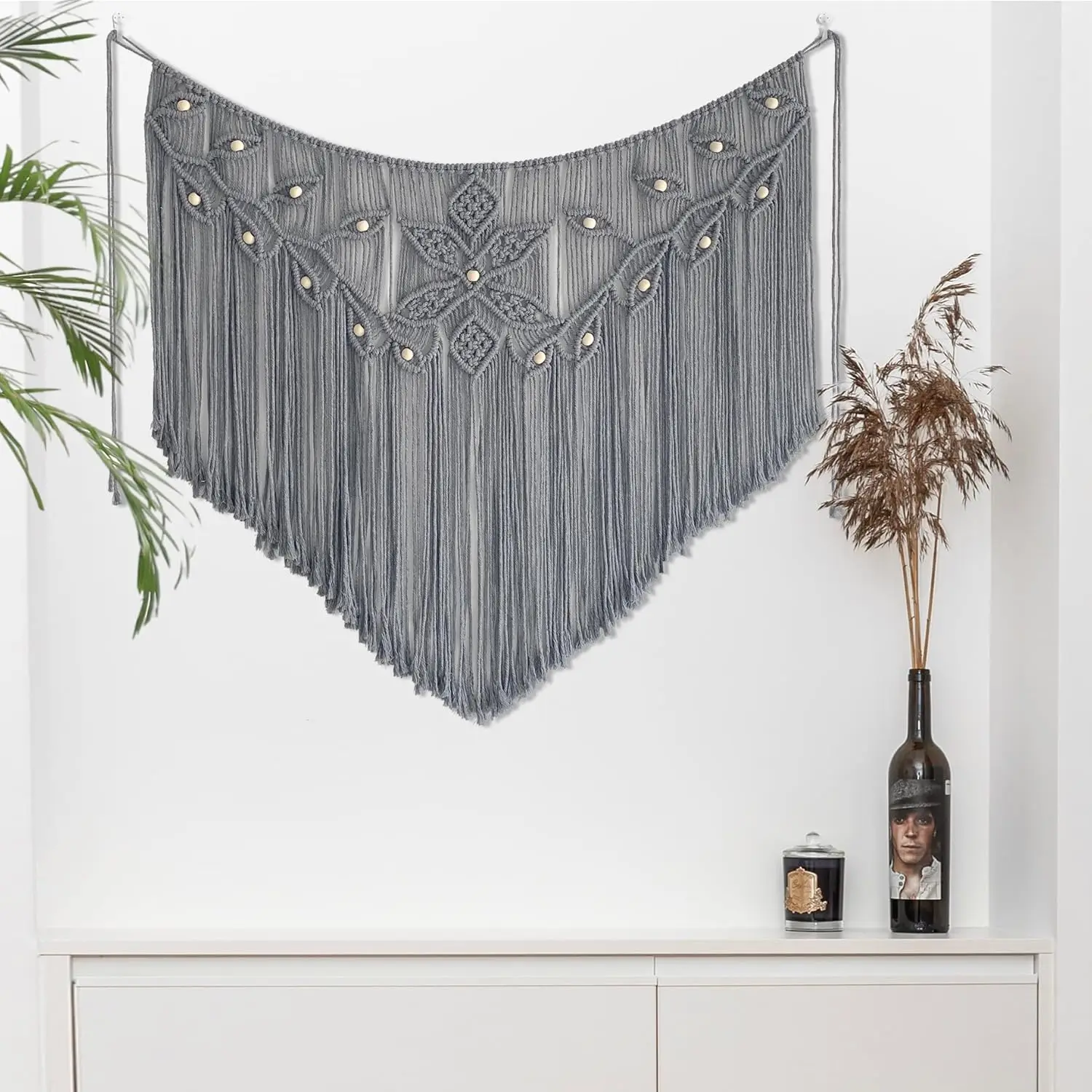 

Macrame Wall Hanging Large Rame Ains Leaf Shape Beads Wall Decor Boho Tassel Wall Art Woven Tapestry Headboard Backdrop