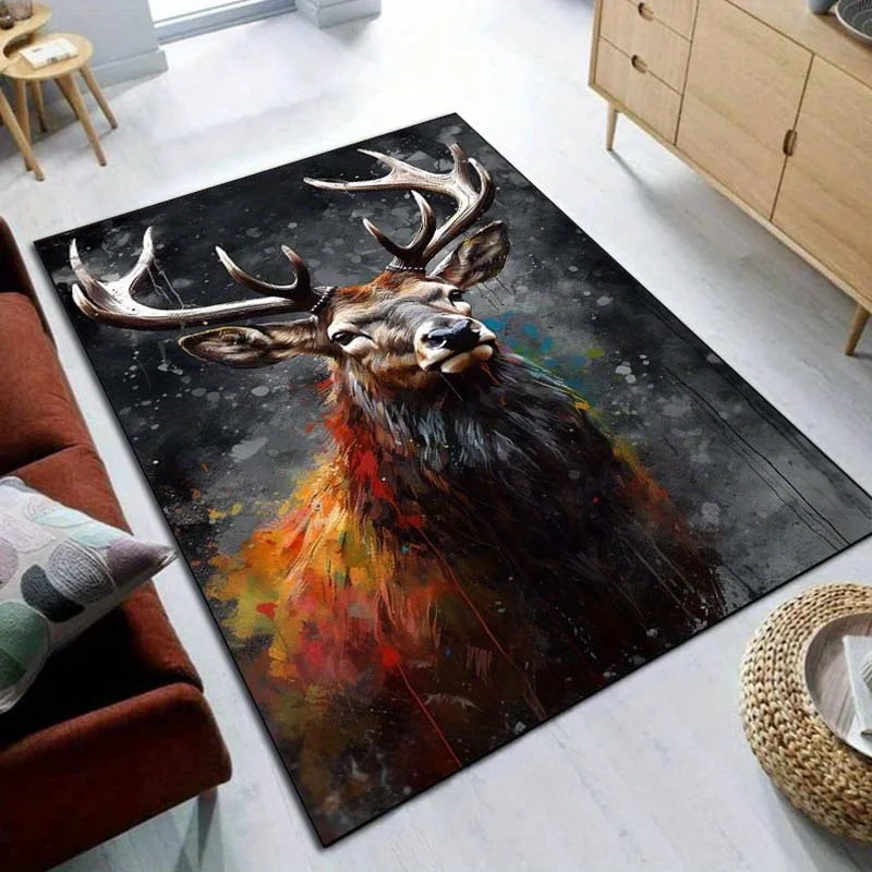 Artistic Deer Rug for Rustic Living Rooms | Colorful Antler Print Carpet with Abstract Design | Nature-Themed Home Decor - view 5