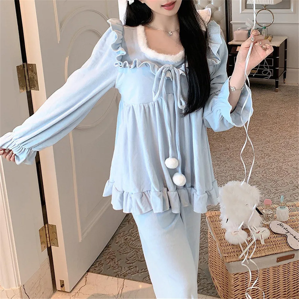 Autumn Winter Women's Pullover Pants Pajamas 2Pcs Set Loungewear Sweet French Court Style Pijamas Suit Casual Lounge Wear