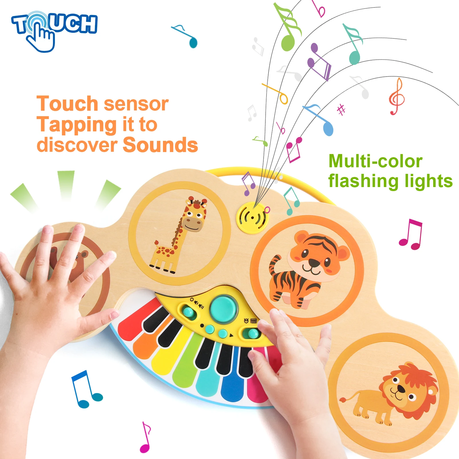 Brinquedos musicais de madeira com música e luz, teclado 2in 1 piano batendo palmas, animais de desenhos animados, brinquedos educativos para presentes do bebê, 12 meses