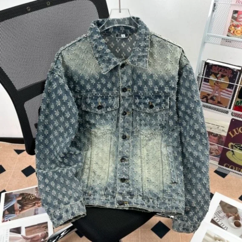 Spring washed jacquard loose American fashion brand high-end and handsome men's jacket denim women's jacket