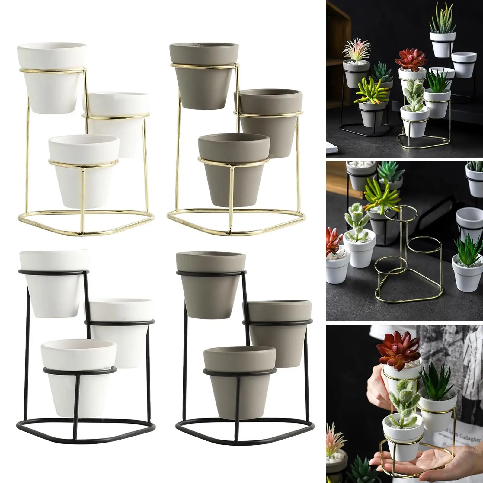 3Pcs Mini Ceramic Succulent Plant Pot Flower Pot Planter Metal Stand Set Display