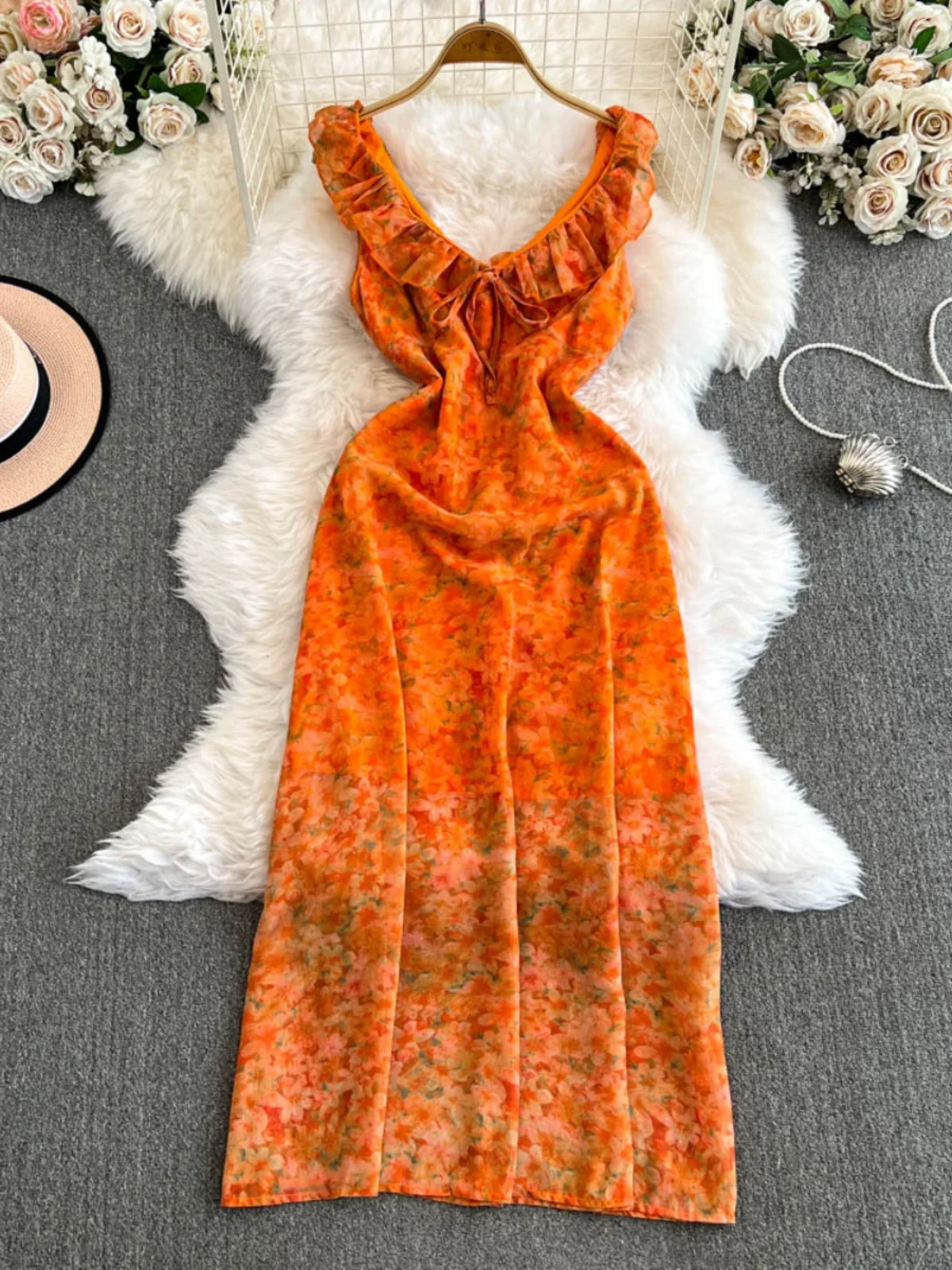 Foamlina Seaside Island Love French Sweet Wind V-Neck Floral Dress Women's Summer Retro Waist Tea Break Orange Long Dress