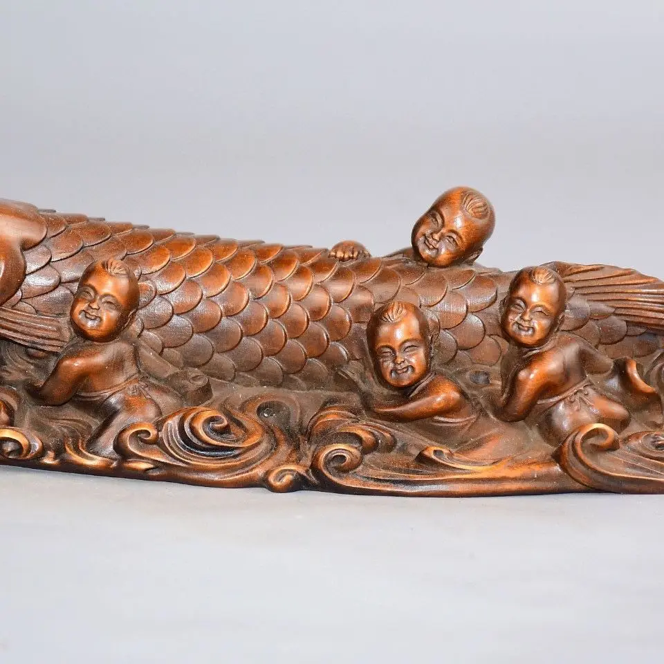 Hand Carved Wood Fortune baby koi fish Statue Figurine Desktop Ornaments Home Decoration Crafts Tea Pet Decor