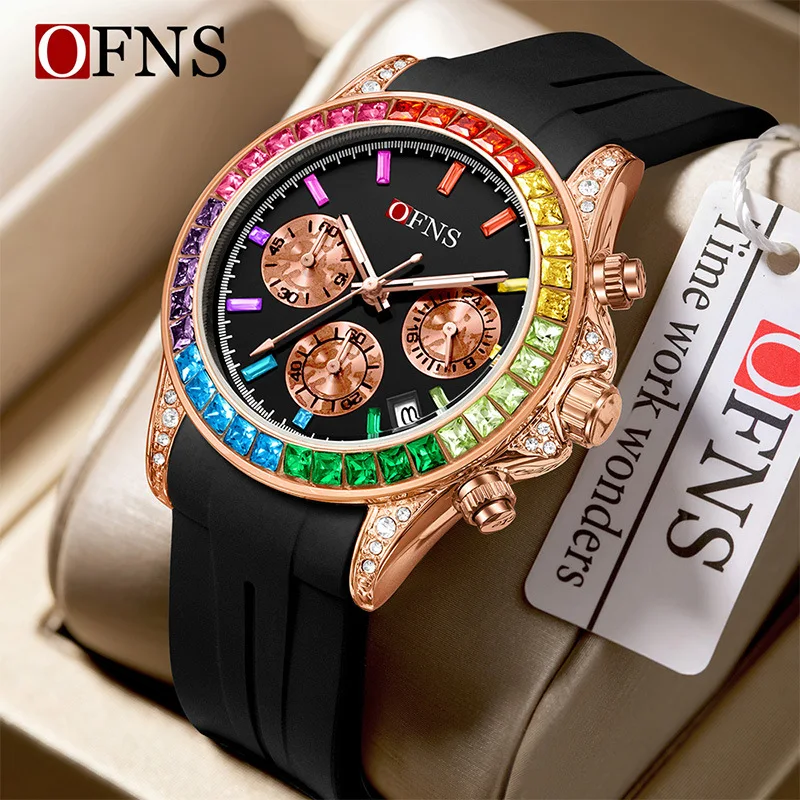 OFNS1579 Rainbow Diamond Chronometer Men's Watch Six Pin Quartz Movement Waterproof Calendar Night Light Luxury Women's Watch