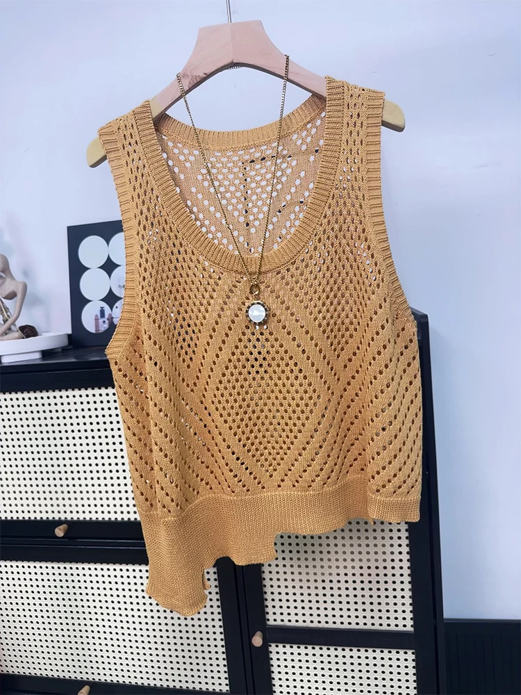 High Quality Hollowed Out Breathable Irregular Vest for Women's Outerwear, Thin Summer Loose Vest, Slim Knit Top, Versatile