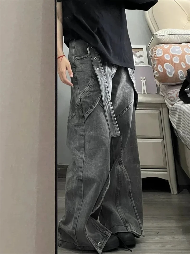 

American Heavyweight Washed Split Deconstruction Jeans for Women's High Street Loose Splicing Vintage Straight Leg Dropped Pants