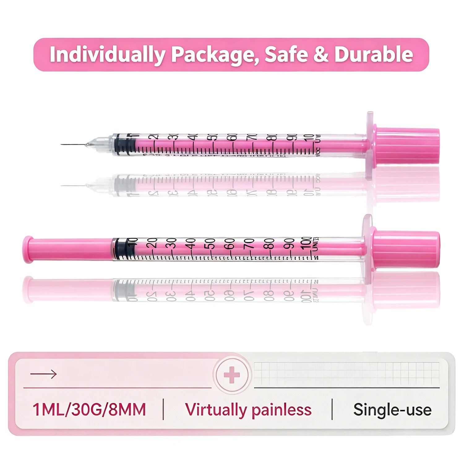 25/100 Pcs 1ml Sterile Insulin Syringe W/ Needle, Individually Packed, Pink, U-100 for Dogs, Cats, Horses, Livestock