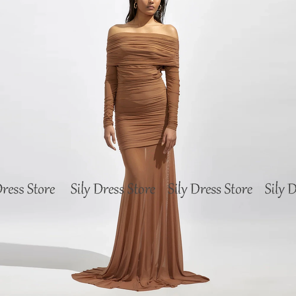 Elegant Dresses for Special Events Spandex Mermaid/Trumpet Prom Dress Brown Off-the-shoulder Pleat Bespoke Occasion Long Gown