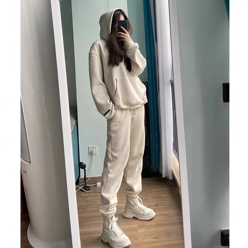 

plus Size Women's Spor Casual Loose Fit Autumn Winter Faionable Two-Piece Set Street Sle High Waist Hooded Thiened Lo...