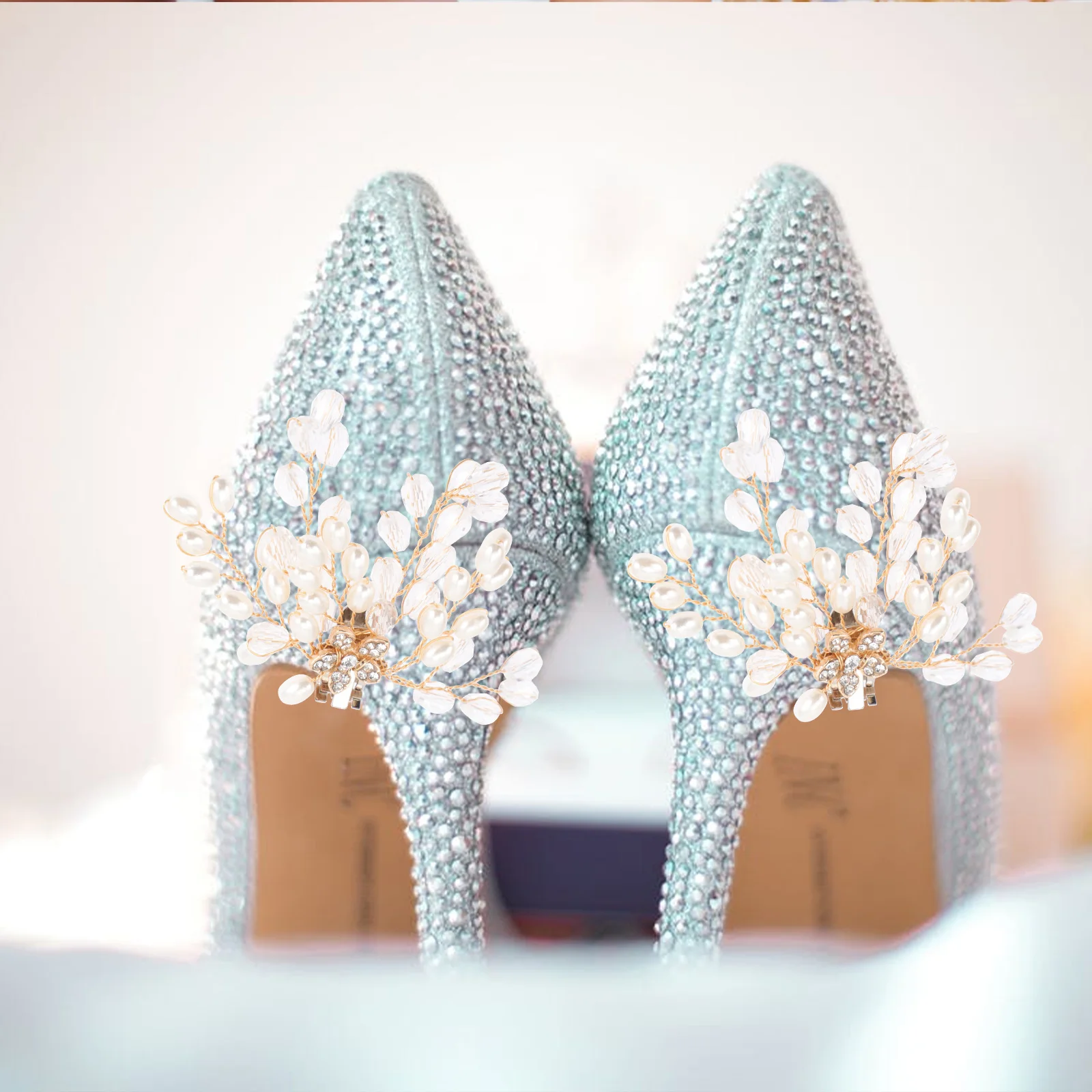 

2pcs Wedding Bridal Shoe Clips Decorative Rhinestone Crystal Pearls Buckles For Heels S Shoes Accessories Storage