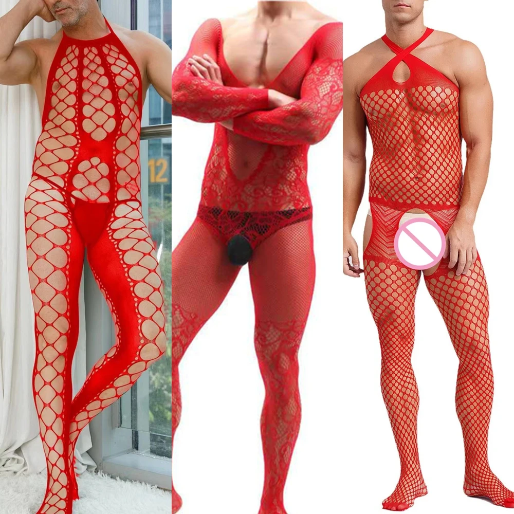 

Red Erotic Nightgown Men's Bodystockings Hot Gay Bodysuits Fishnet Open Crotch Pantyhose Retro Sissy Halter Lingerie