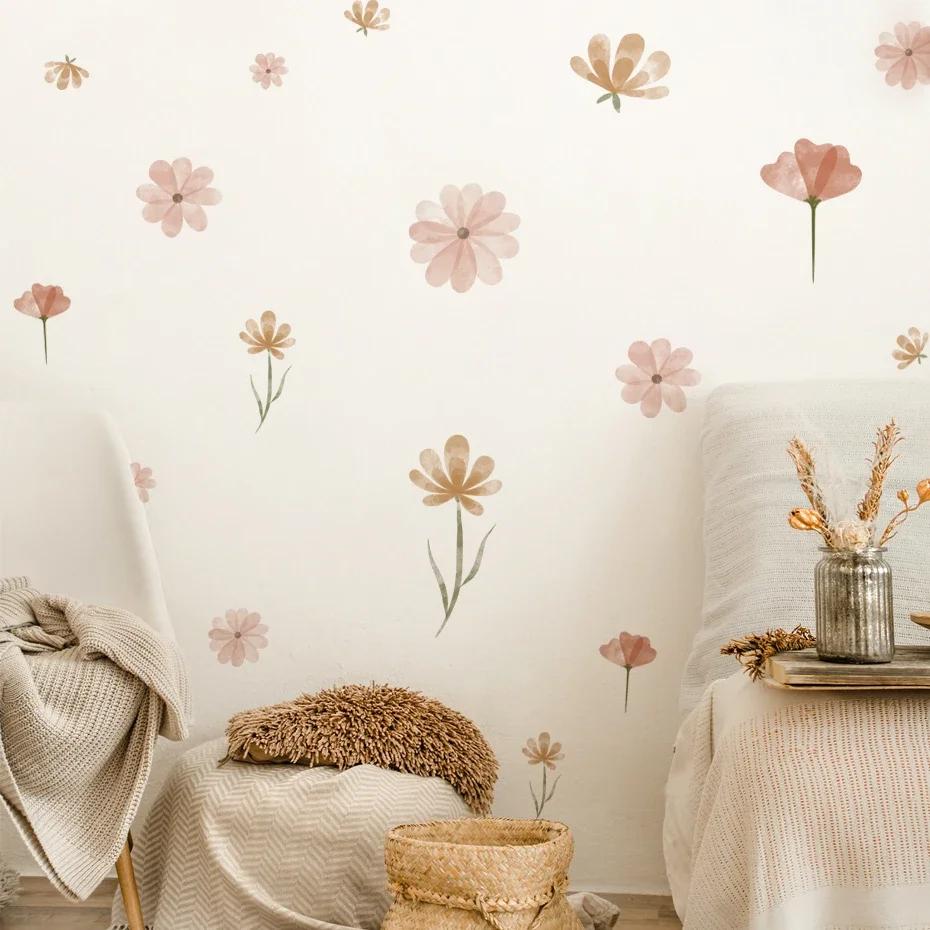 Autocollants muraux Boho à fleurs, aquarelle pour enfants, chambre à coucher, salon, décoration de la maison, art écologique, autocollants amovibles, peintures murales en PVC