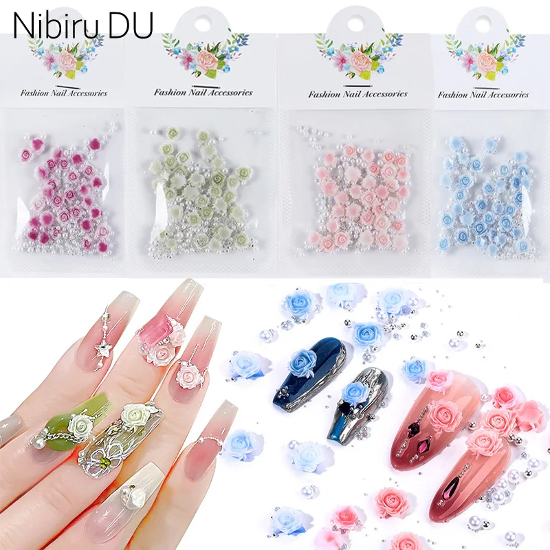 50pcs 3D Pink Flower Nail Art Charms Acrylic Rose Resin Rhinestones Decorative Nails Accessories Summer Manicure Design Supplies