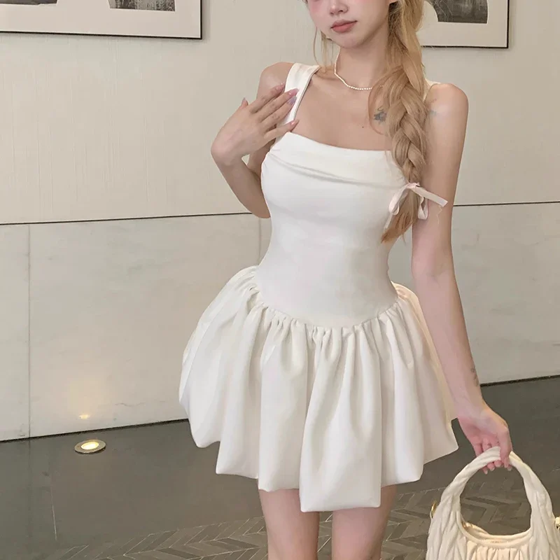 2024 Women Solid Ruched Prom Mini Dresses Spicy Girl Party Suspender Bubble Dress Female Classic Birthday Cinderella Waist Dress