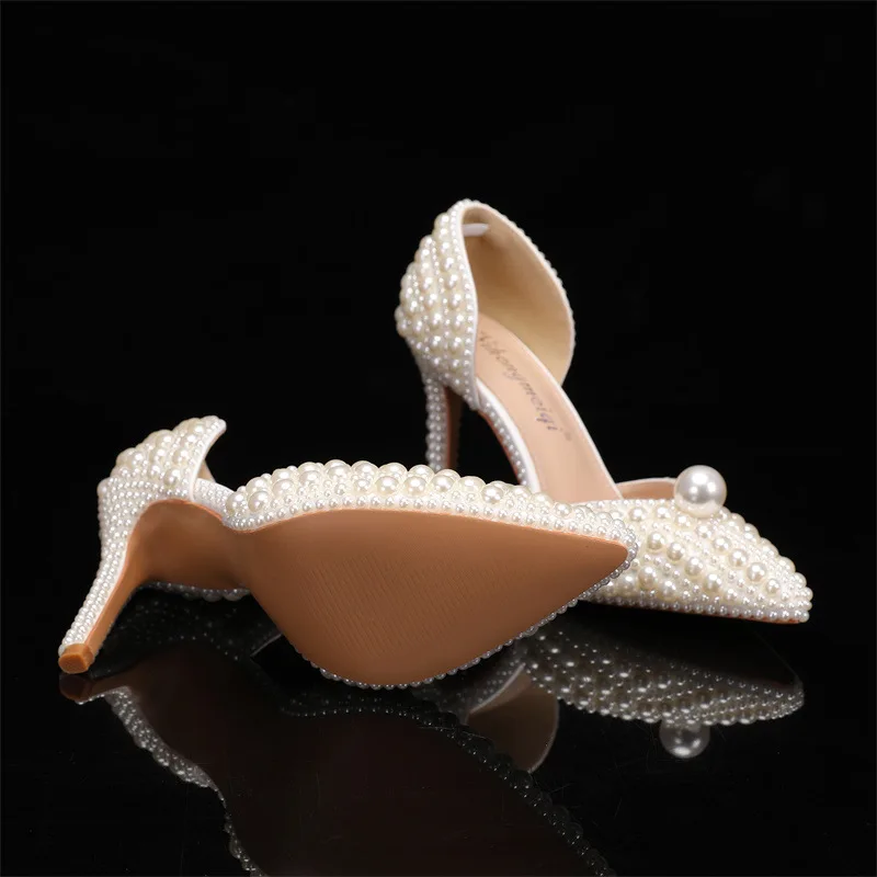 Summer 2024 new set of shallow cut high heels for women\'s pointed high heels thin heels pearl luxury wedding shoes