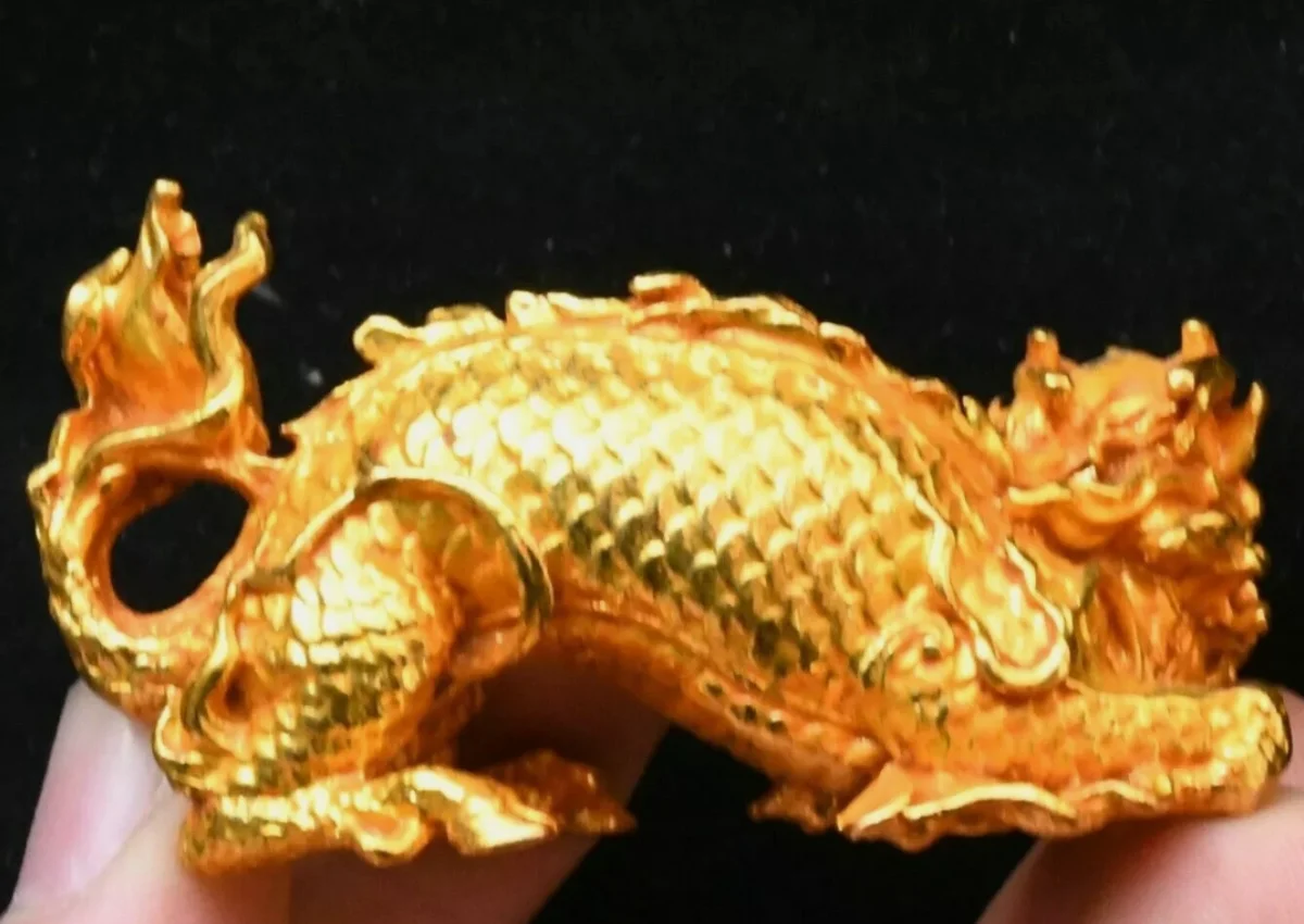 

2.3''Old Chinese Dynasty Bronze Gilt Kylin Dragon unicorn Beast Statue Sculpture