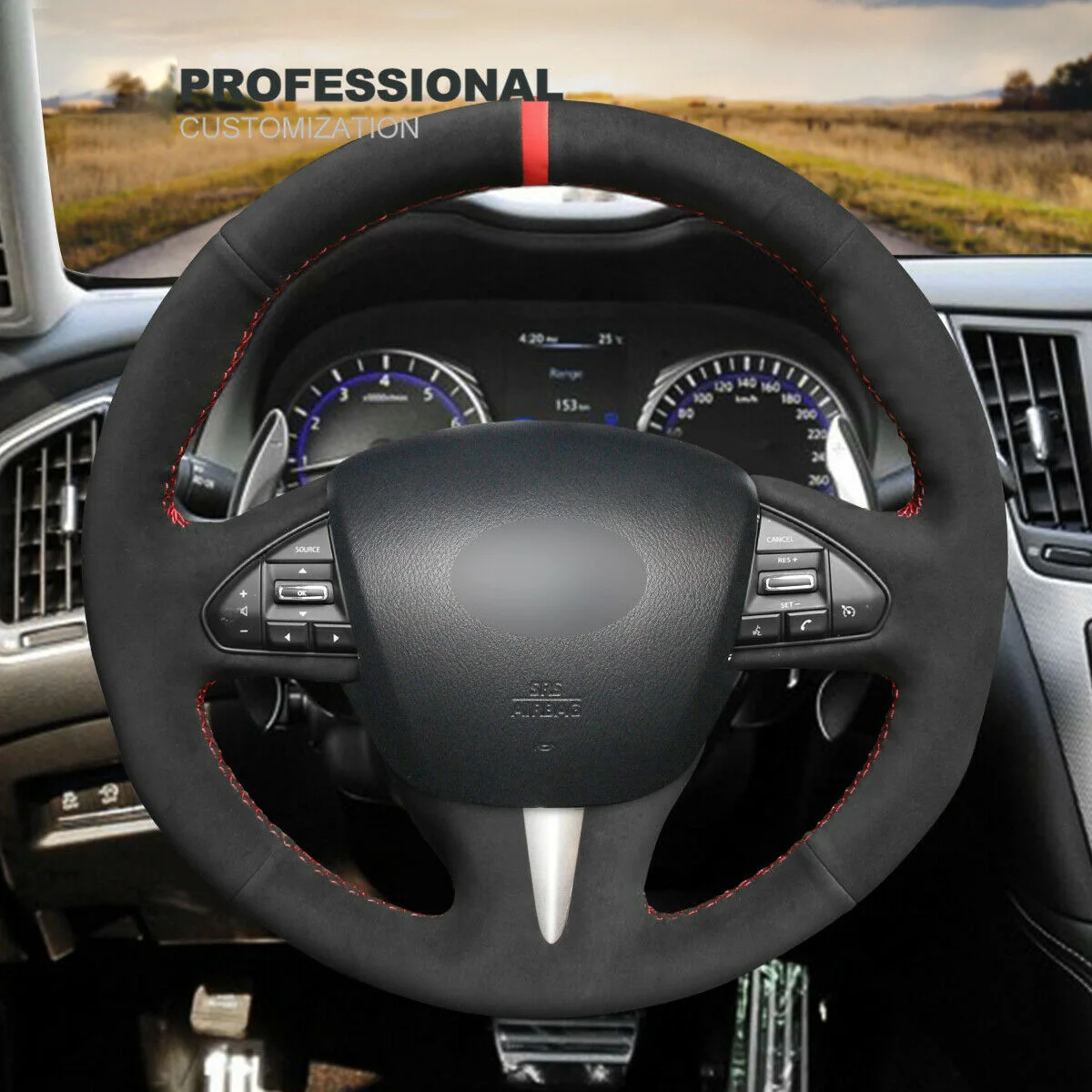 

Custom DIY Black Suede Car Steering Wheel Cover For Infiniti Q50 QX50 2015-2017 Car Interior Accessories