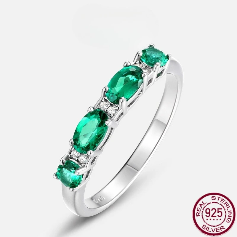 

New S925 pure silver simple emerald single row inlaid with colorful gemstone index finger ring wedding jewelry