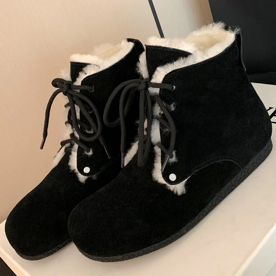 Women's natural suede leather wool inside lace-up flats winter ankle snow boots round toe casual female cold weather short boots image 4