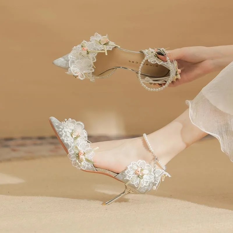 

Elegant Fashion Silver Wedding Shoes Women's Stiletto Flower Decoration Pumps Sexy Thin Heels Party Women's Pumps Zapatos Mujer